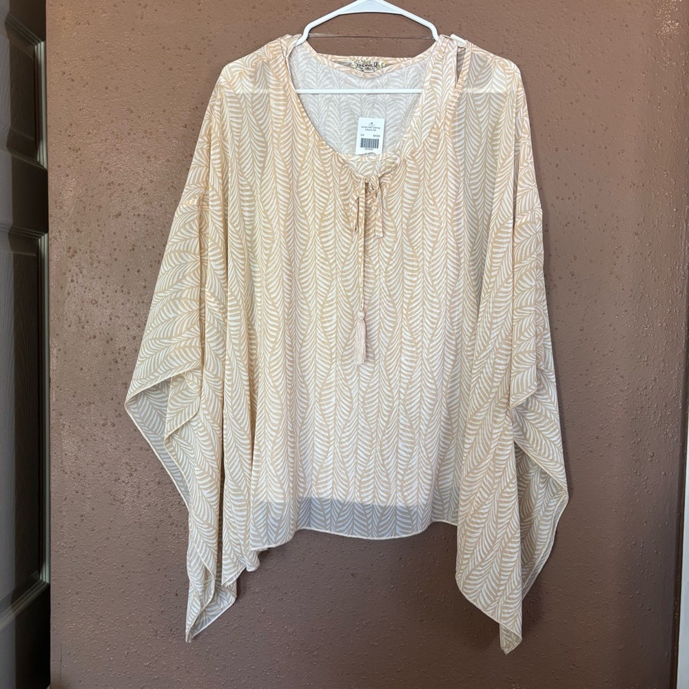 One World Tan White Geo Print Chiffon Poncho Top with Tank Set Womens Medium NEW